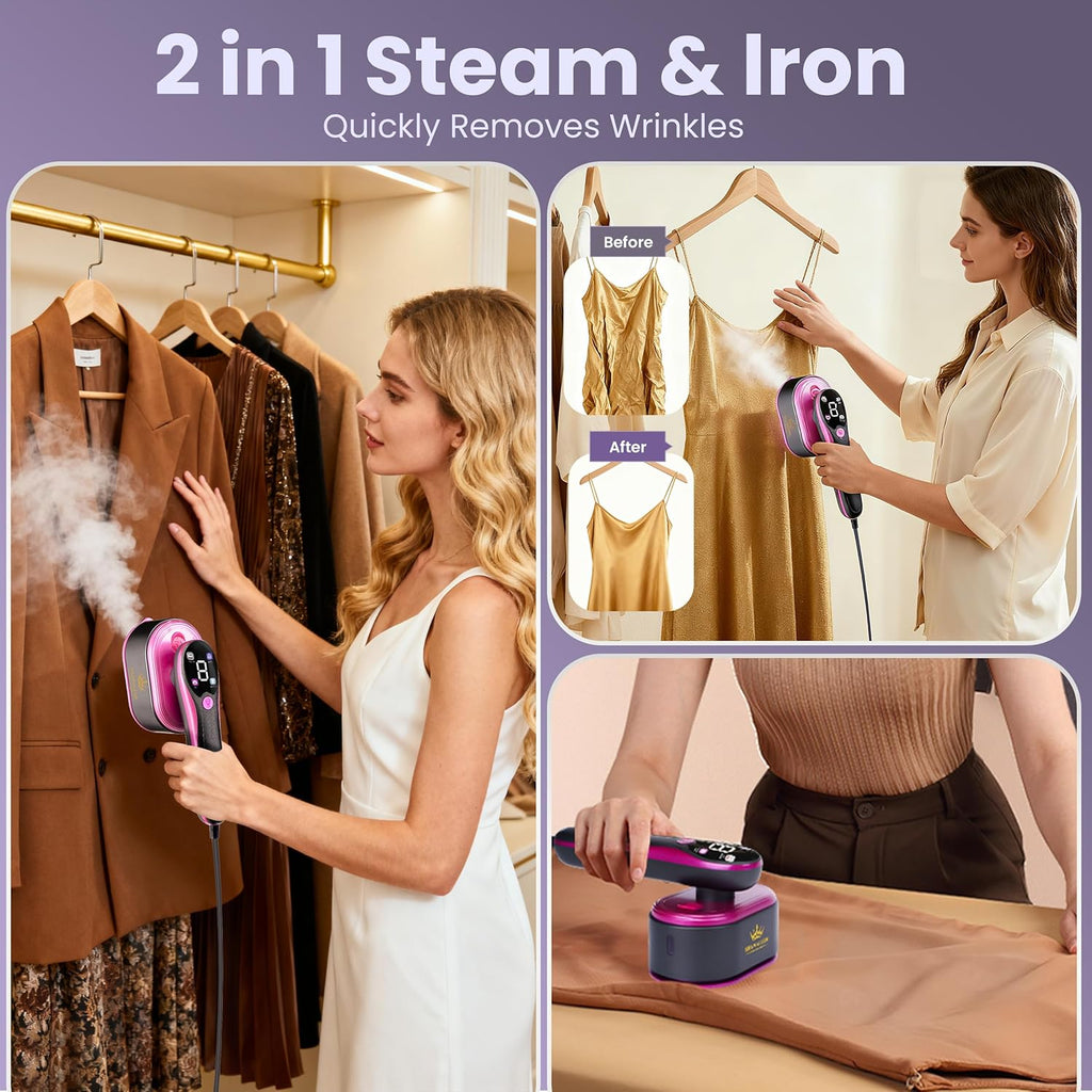 Skiennix Travel Steamer - 2-in-1 Clothes Iron with Fast Heat-Up, 4 Modes, 100ml Tank | Pink