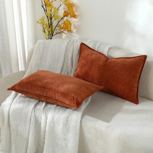 Stellhome Set of 2 Halloween Decorations Autumn Rust Pillow Covers Soft Textured Lumbar Chenille Accent Solid Cushion Cover for Couch Sofa Bedroom Living Room 12x20 Inch, Burnt Orange