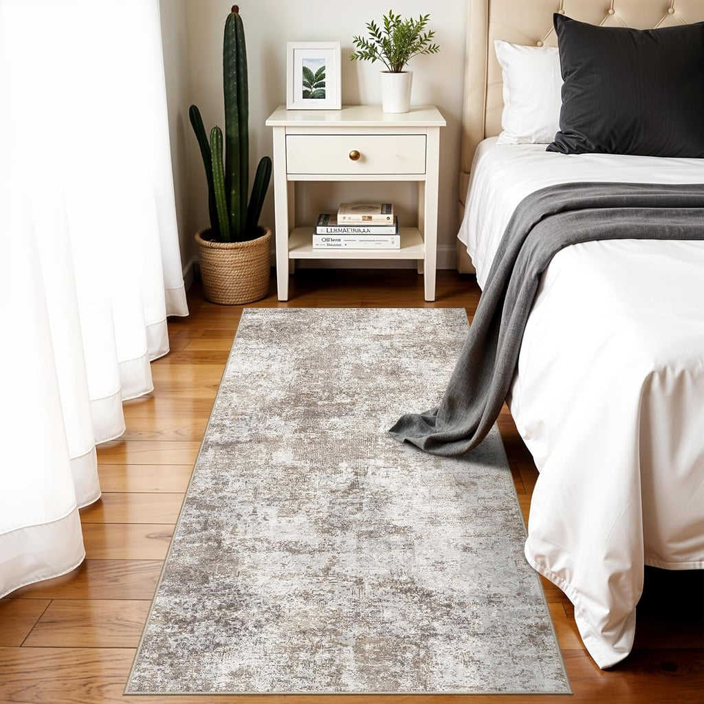 Skiennix Washable Entryway Runner Rug - Modern Abstract Design, Non-Slip, Easy-Clean, 2x5 Brown/Beige
