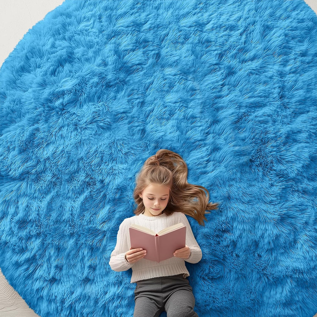 OLANLY Round Bright Blue Area Rug - Soft, Fluffy, Machine Washable 9 ft Carpet for Bedroom & Living Room