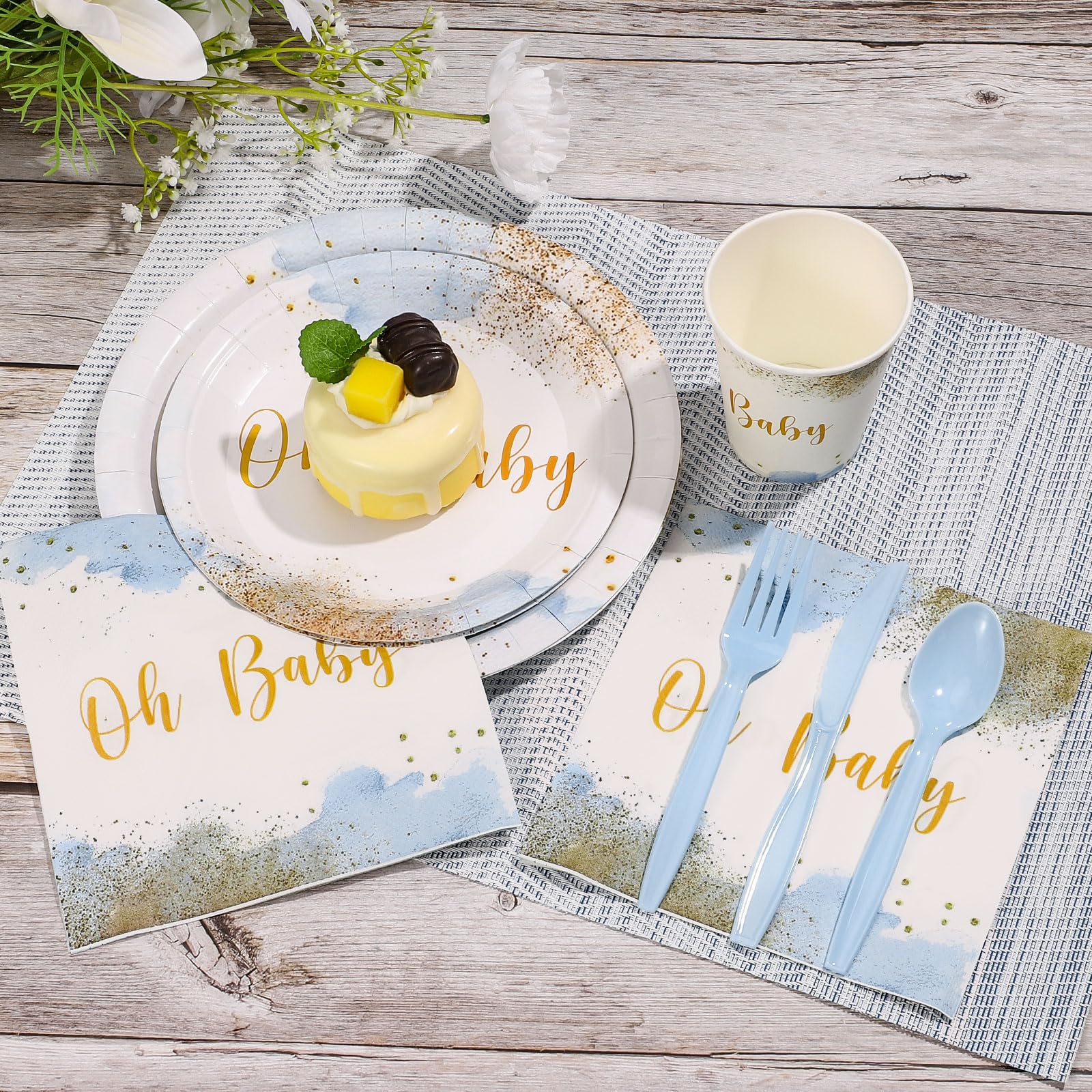 Xiangqu 175 Pcs Baby Boy Shower Plates and Napkins, Dusty Blue Baby Shower Decorations Includes Plates Napkins Cups Plastic Utensils for Boy Birthday, Serve 25 Guest