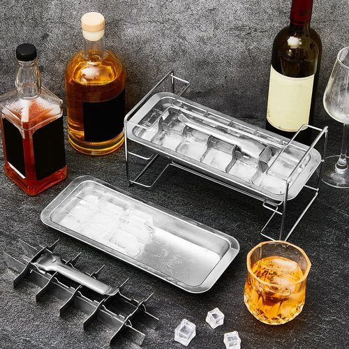 4 Pack Stainless Steel Ice Cube Tray Easy Release Handle Stand Durable Metal Ice Cube Trays for Bars Kitchens Dishwasher Whiskey 72 Large Slots for Easy Removal and Cleaning