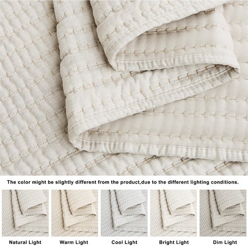 WDCOZY Beige Pick Stitch King Size Quilt Set, Striped Lightweight Soft Summer Spring Bedspread, Bamboo Linen Like Textured Coverlet, Chambray Farmhouse Country Rustic Bedding, Netural Thin Comforter