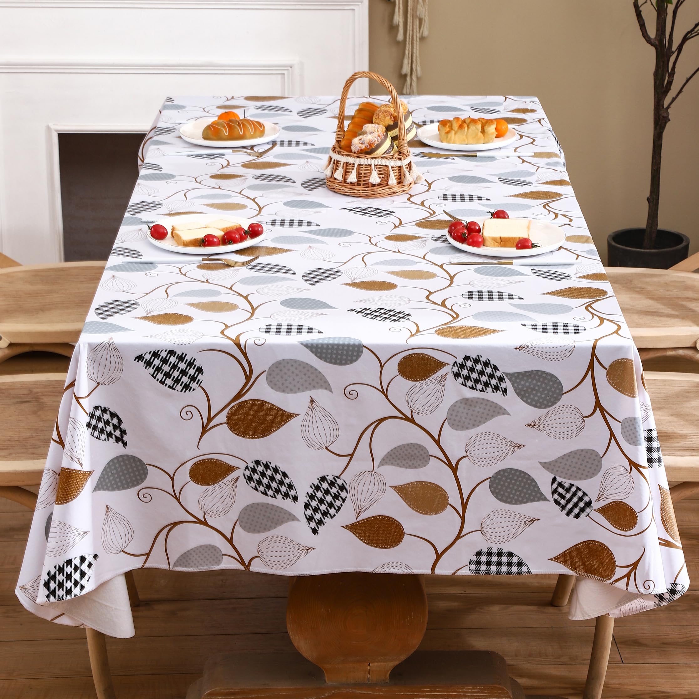 HRNJJYP Heavy Duty Vinyl Tablecloth with Flannel Backing Waterproof Oil-Proof Plastic Table Cloth Stain-Resistant Wipeable Rectangle or Square Table Cover for Dining, Camping (Leaves, 52X70 Inch)