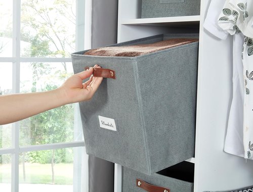 DECOMOMO Storage Cubes - 13x13x13 Fabric Organizer Bins with Labels | Set of 6 in Texture Grey