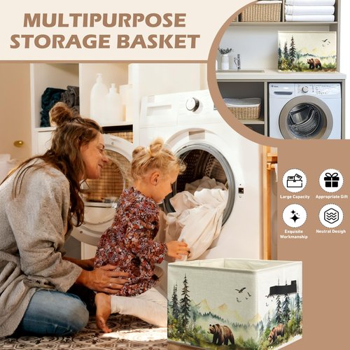 WARDOS Forest Brown Bear Nursery Storage Bin Box with Handles, Watercolor Wild Animal Bear Foldable Linen Fabric Laundry Basket for Kids Room Nursery Playroom Bathroom Clothes Toys Books