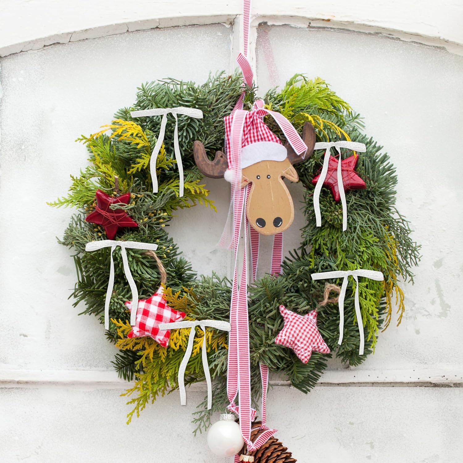 SIMISI Ribbon | 24 Pcs White Glitter Velvet Christmas Tree Bows - Sparkling Door Garland Decor (3/8'' Width, 5 x 7 Inch)