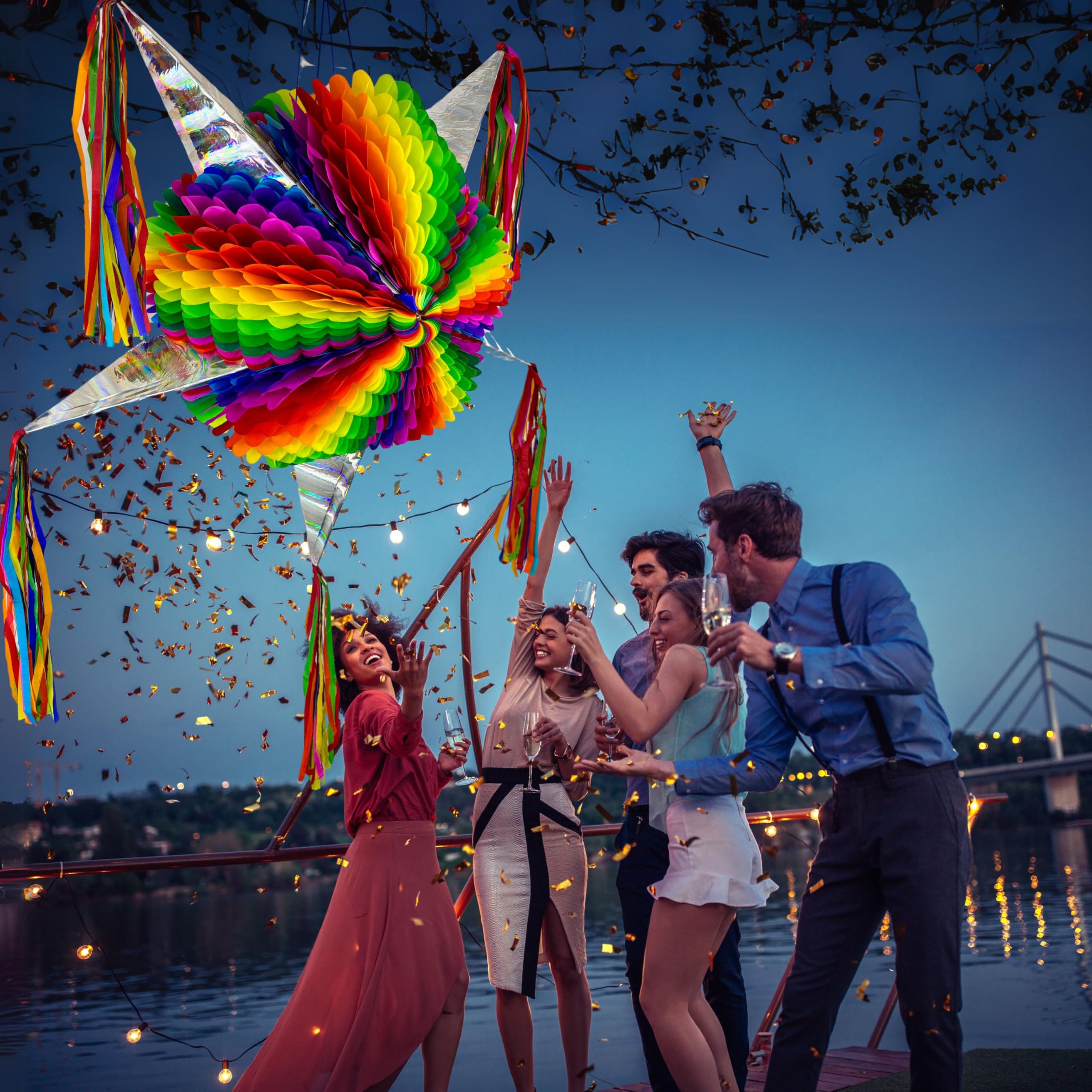 Mexican Pinata – Jumbo 33” Rainbow Piñata with 25-ft Rope Included – Easter Piñata, Pride Pinata, Holds 5 lbs of Candy – TexMex Fun Stuff