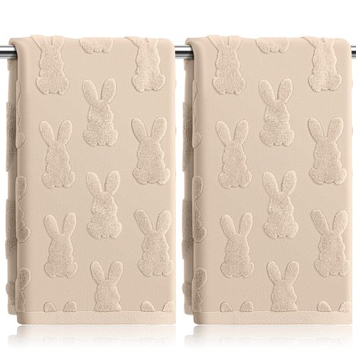 HUFAND 2 Pcs Easter Hand Towels for Bathroom Cotton Happy Easter Bunny Jacquard Decorative Kitchen Dish Towels Set Soft Absorbent Holiday Bath Towel for Spring Home Decor Gift, 13.7 x 29.5 Inch