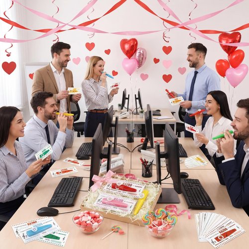 Joyfolk 24 Set Valentines Day Gifts Plastic Kazoos with Happy Valentine's Day Cards Opp Bags for Adults Fun Musical Instruments Party Favors Gift Bag Fillers Good Companion for Guitar Ukulele,6 Colors