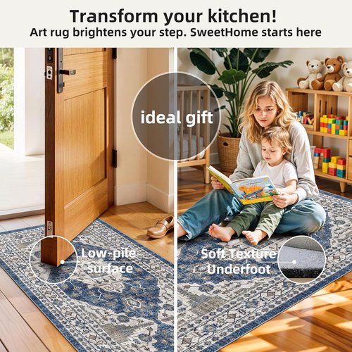 Farmhouse 4-Piece Non-Slip Kitchen Floor Mats by Washable | Easy Clean Water-Resistant Rugs - Blue
