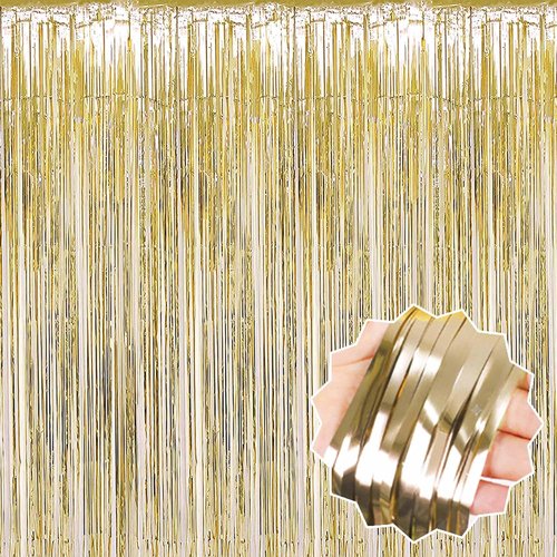 Light Gold Foil Fringe Curtains by [Brand Name] - 3 Pack Metallic Tinsel Backdrop | 3.28 x 9.8 Ft for Parties & Events