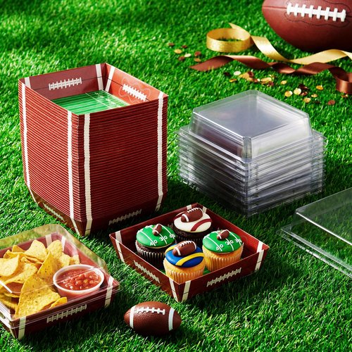 Potchen 50 Pack Football Party Charcuterie Boxes with Clear Lids Rugby Paper Snack Tray with Window Dessert Cake Box for Pizza Taco Fries Football Theme Birthday Game Day Supplies Favors