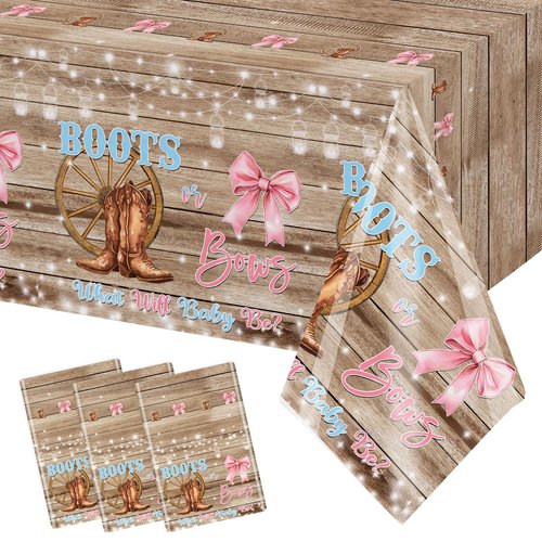MEHOFOND 3 Pack Boots or Bows Gender Reveal Tablecloth, Pink or Blue Disposable Plastic Table Cover 54x108 Inch, Western Rustic Wood Cowgirl Cowboy Gender Reveal Party Supplies