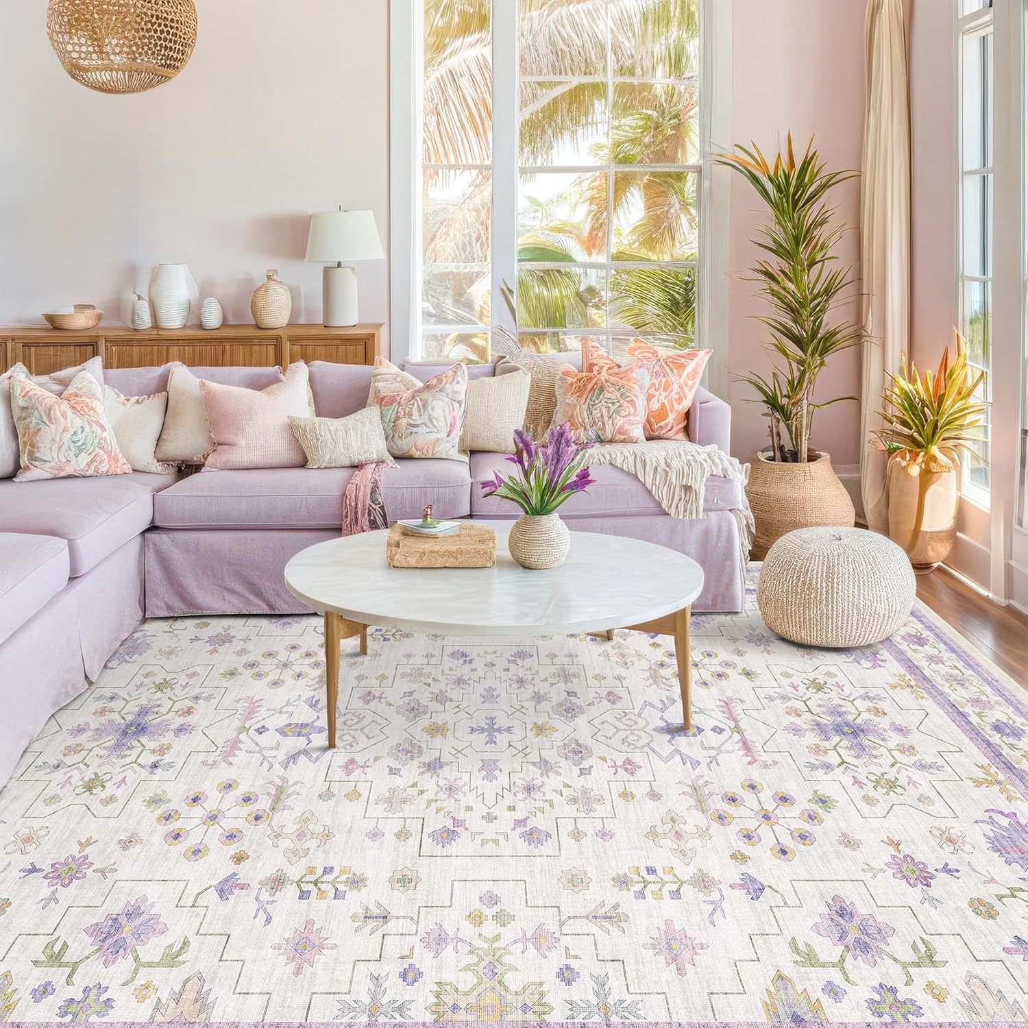 Skiennix Light Purple Area Rug - Non-Slip, Washable Design for Girls' Bedroom | 5x7 Size, Lavender & Cream with Green Accents