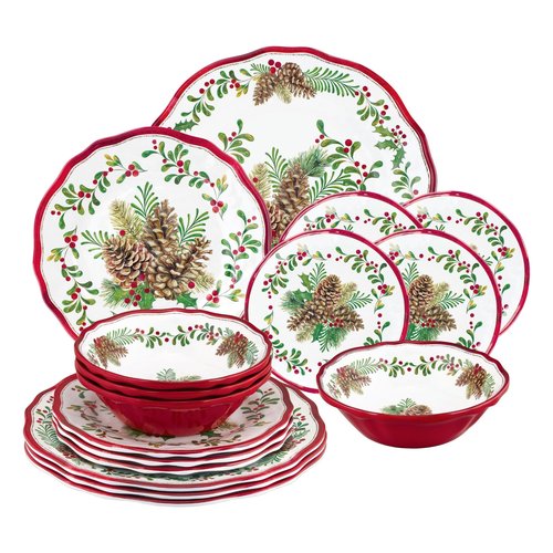 UPware 16 Piece Pinecones Melamine Dinnerware Sets, Outdoor Dishes Set, Plates and Bowls Sets, Christmas Decorations, Service for 4, Red