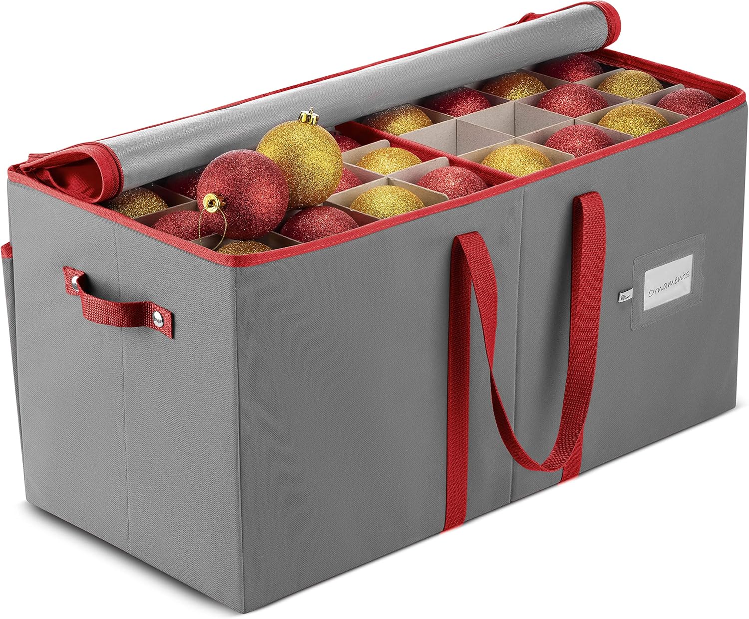 ZOBER Large Christmas Ornament Storage Box | Holds 128 3" Ornaments with Dividers - Durable Gray Organizer