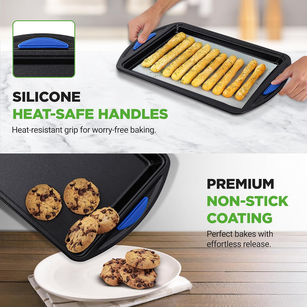 NutriChef Nonstick Cookie Sheets - 3-Piece Carbon Steel Bakeware Set with Silicone Handles | Durable & Oven Safe