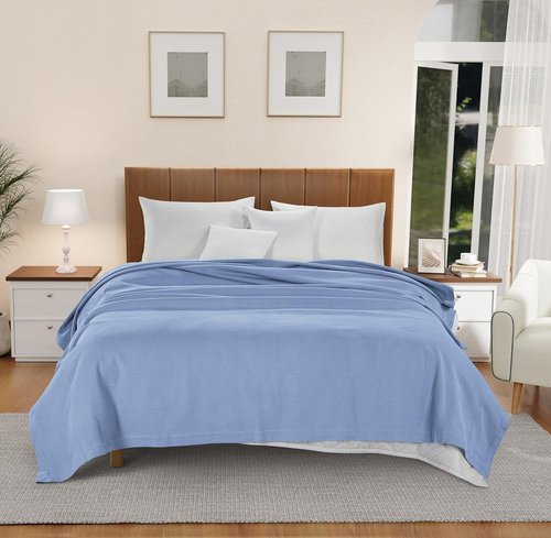**LANE LINEN Twin Size Blanket - 100% Cotton Cozy Bed Blanket | Soft 350 GSM for All Seasons (68"x90") - Oeko-TEX Certified Light Blue**