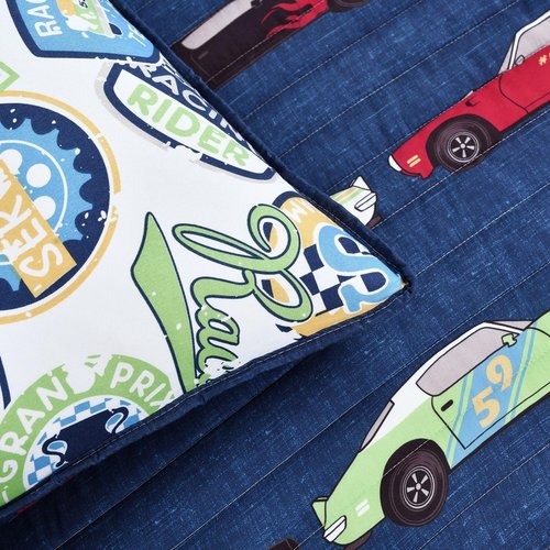 Lush Decor Navy Race Car Kids' 3-Piece Bedspread Set, Reversible Bedding Set for Boys (Full)