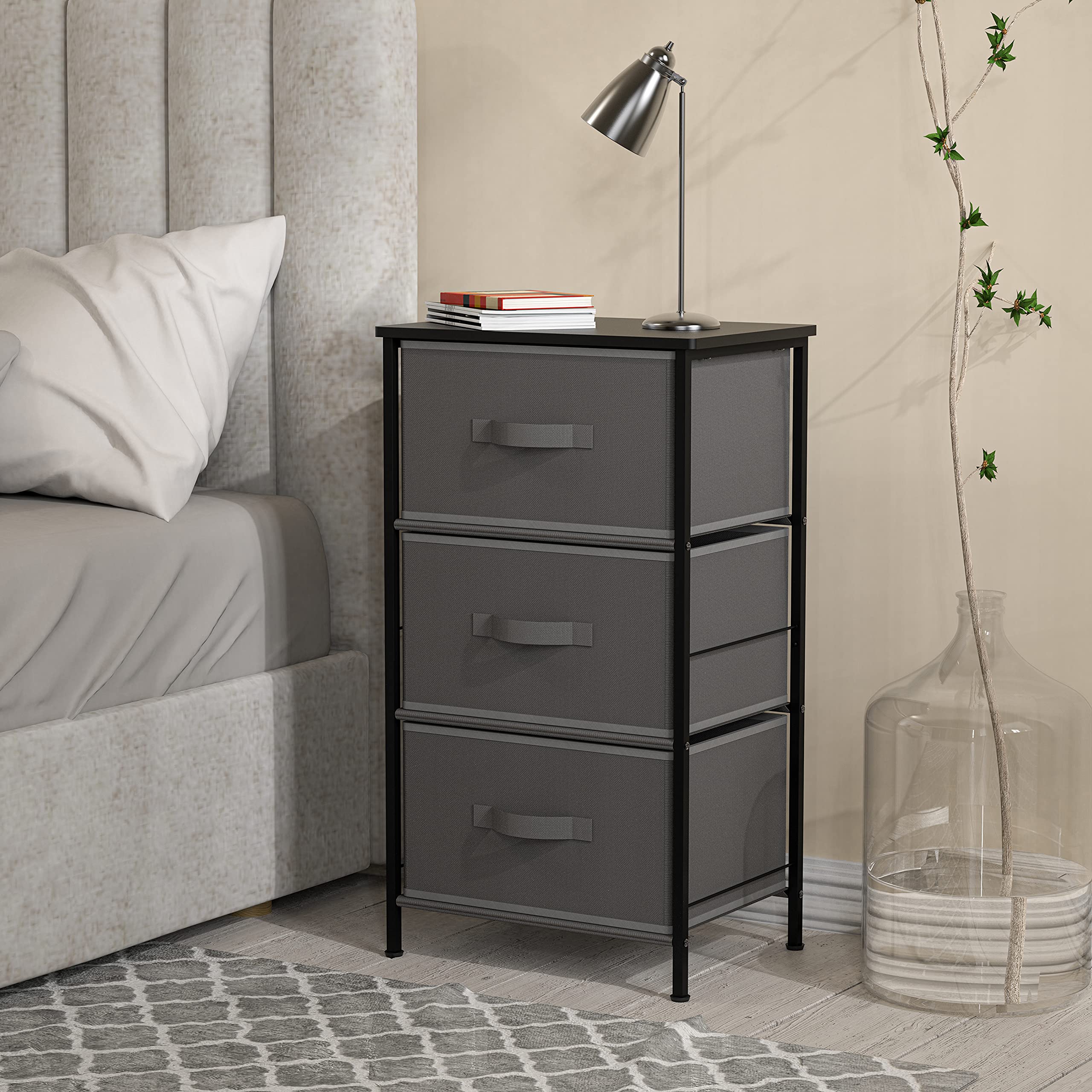 Simple Houseware 3 Drawer Nightstand Dresser with Wood Top, Dark Grey