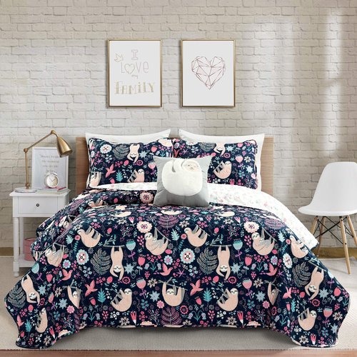 Lush Decor Hygge Sloth Quilt Set, Twin, Navy
