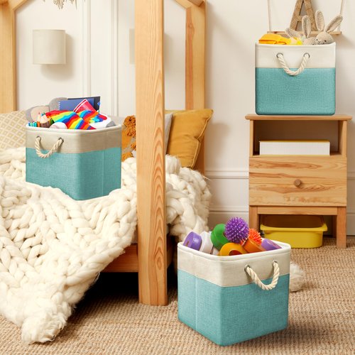 Simple Houseware Fabric Storage Cubes, 13" x 13" Storage Bin, 3 Pack, Turquoise