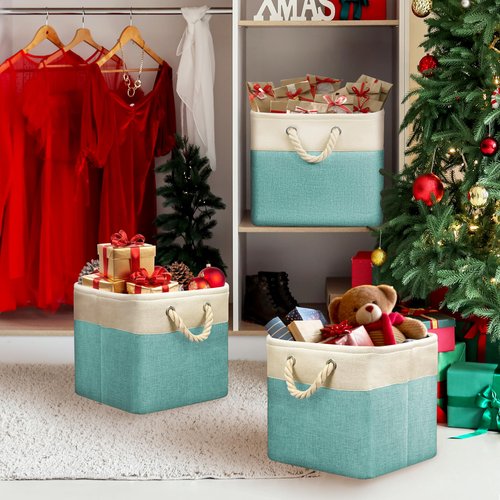 Simple Houseware Fabric Storage Cubes, 13" x 13" Storage Bin, 3 Pack, Turquoise