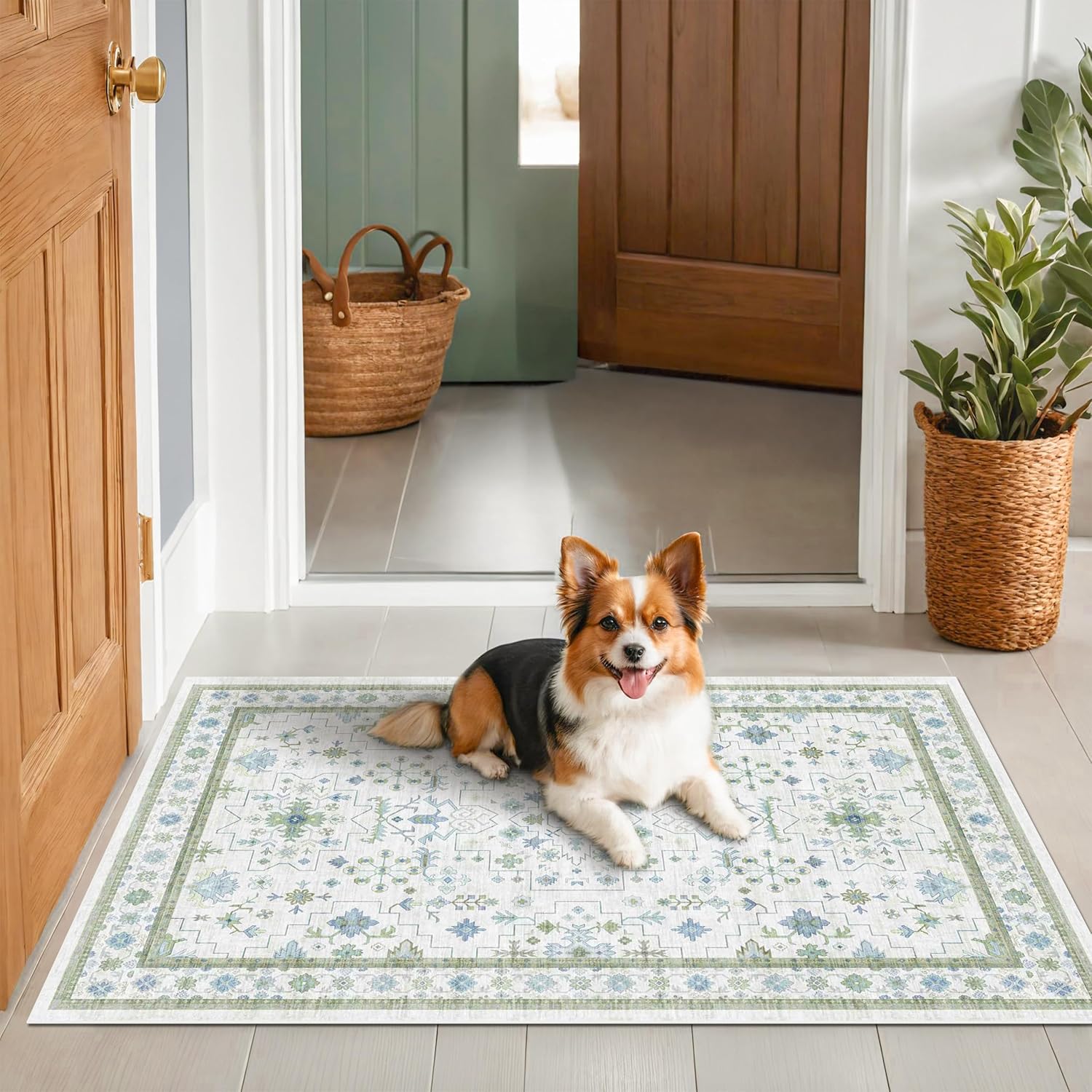 Regine Switzerland Vintage Boho Floral Entryway Rug - Washable 3x5 Low Pile Non-Slip Accent Mat