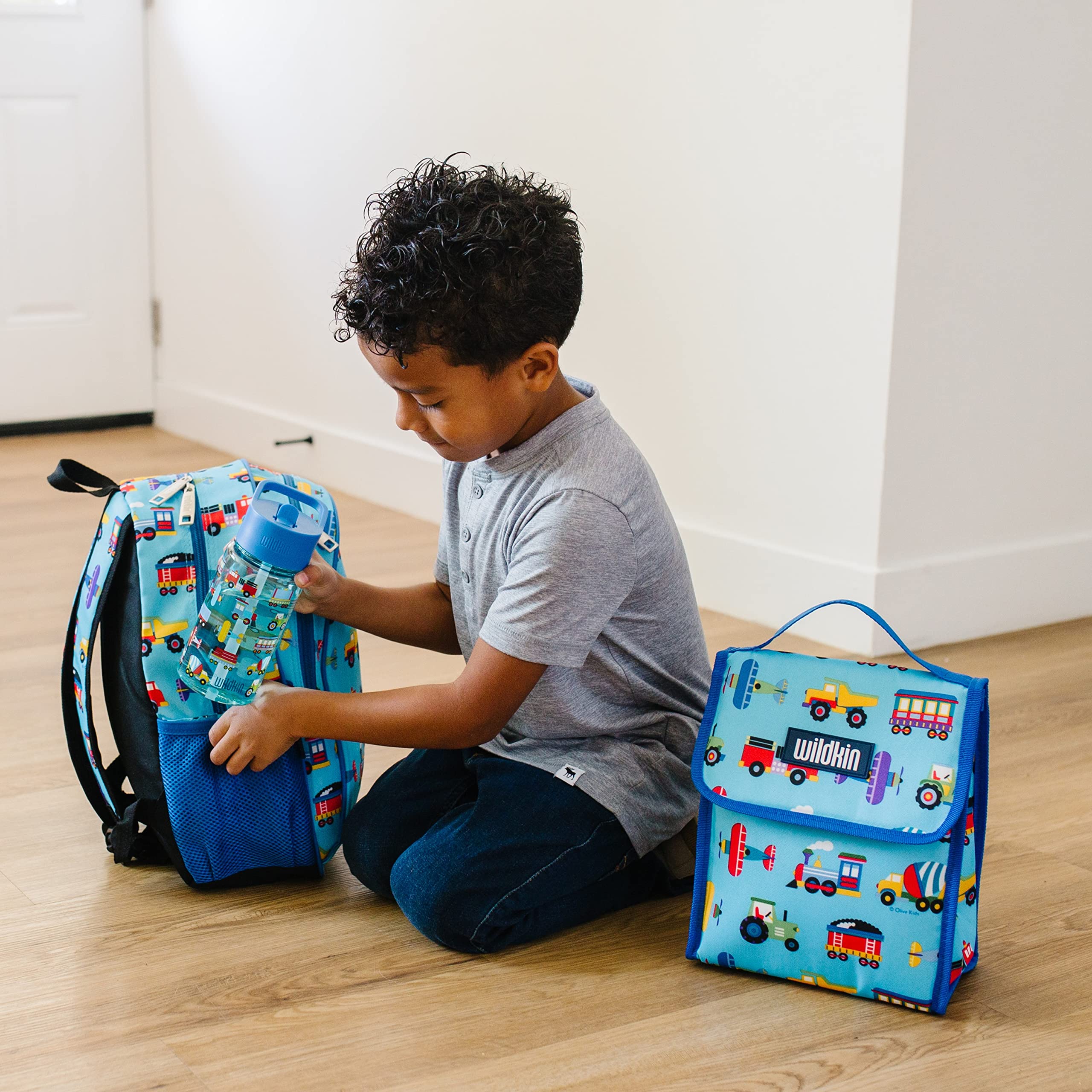Wildkin 12-Inch Kids Backpack Bundle with 16 oz Reusable Water Bottle – Durable, Lightweight School & Travel Set - Trains, Planes & Trucks