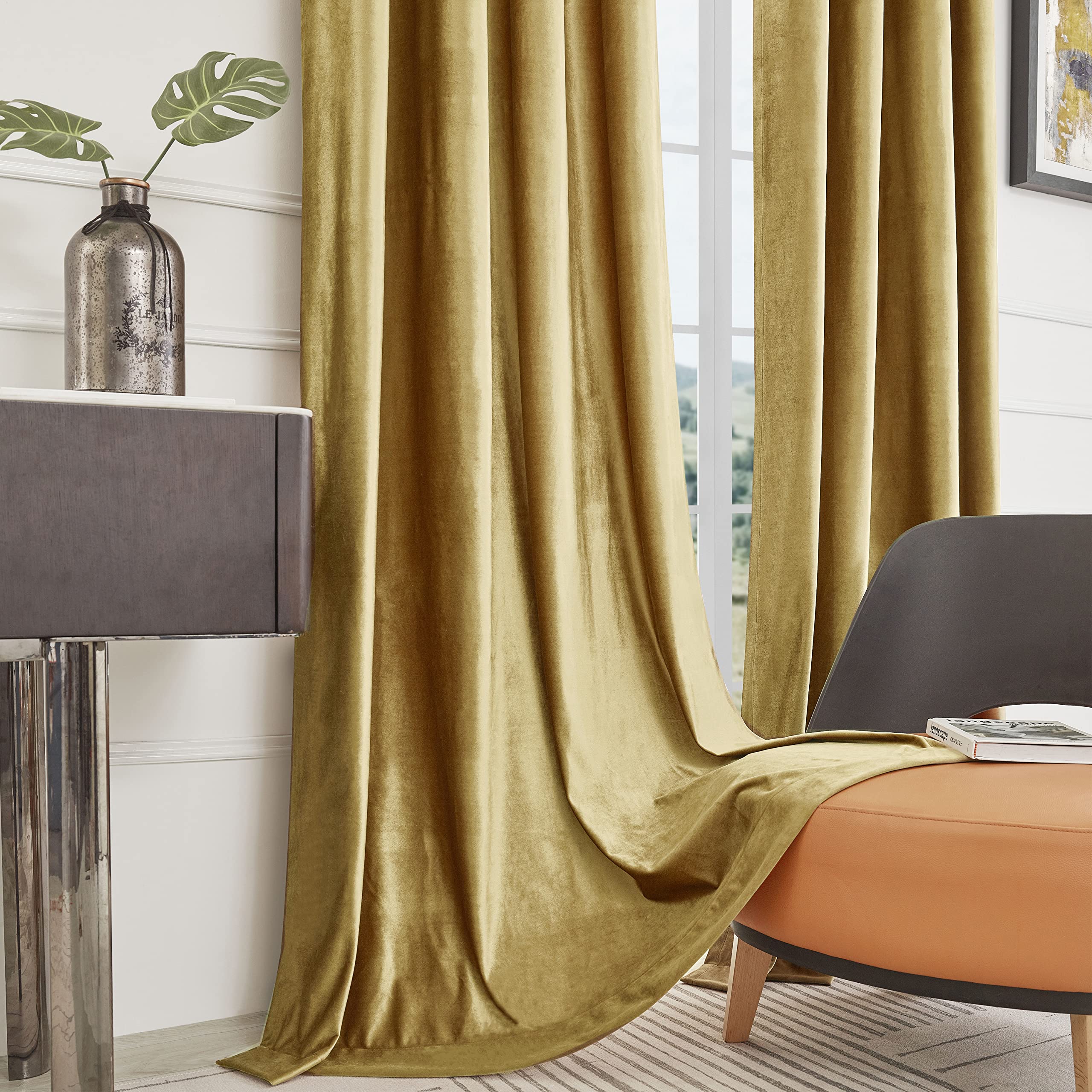 BULBUL Velvet Gold Curtains 120 inch Length- Living Room Blackout Thermal Window Drapes Darkening Decor Grommet Curtains for Bedroom Set of 2 Panels