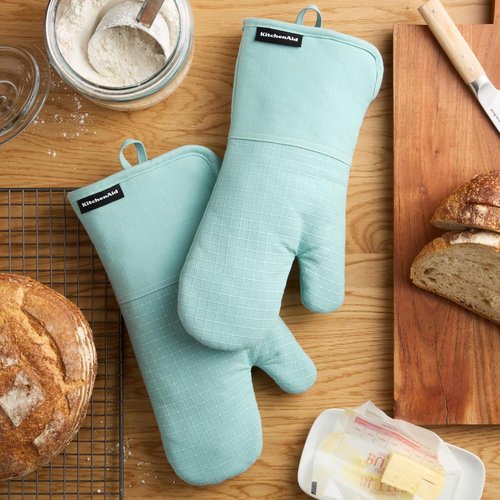 KitchenAid Gourmet Series Oven Mitts - Heat Resistant Up to 600°F, Soft Silicone Grip, Aqua | 2-Pack Set