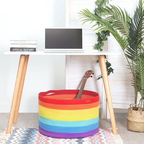 MINTWOOD Design Extra Large 22 x 14 Inch Rainbow Blanket Basket for Colorful Room Decor, Playroom & Classroom Storage Basket, Decorative Cotton Rope Basket, Toy Storage Baskets & Rainbow Storage Bins