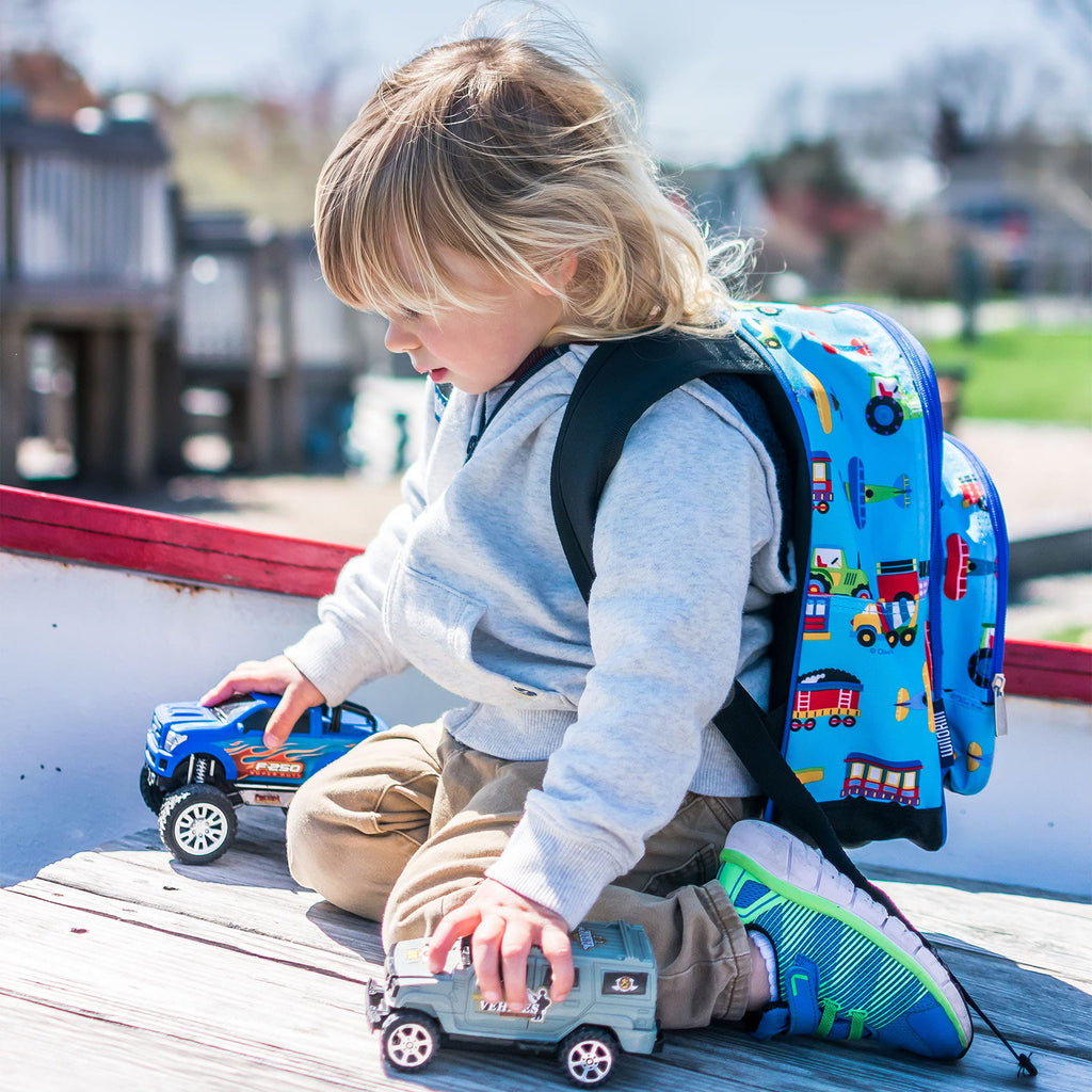 Wildkin 12-Inch Kids Backpack Bundle with 16 oz Reusable Water Bottle – Durable, Lightweight School & Travel Set - Trains, Planes & Trucks