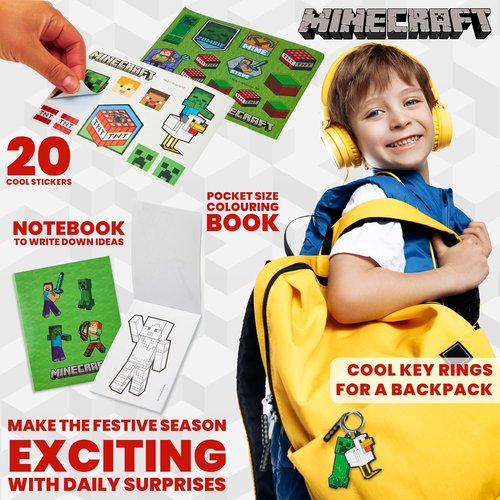 Minecraft Advent Calendar 2025 - 24 Fun Items Including Keychains, Pens & Notebooks | Blue/Green Gamer Xmas Gift