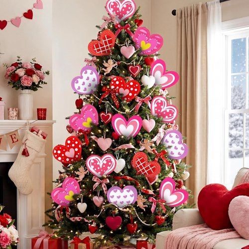 Vertintong 12 Pcs Valentines Day Decorations Tree Ornaments Large Red Pink White Heart Picks Cute Heart San Valentines Ornaments for Valentine's Day Tree Topper Home Wedding Party Decor
