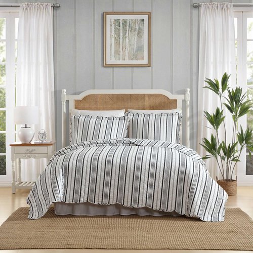 Laura Ashley - Quilt Set, Super Soft & Prewashed Bedding with Matching Shams, Modern Design with Scallop Edges, Cozy Home Essentials (Stripe Perfection Grey, Full/Queen)