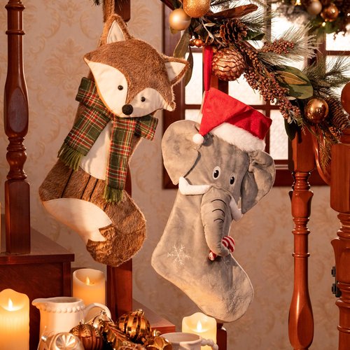 Valery Madelyn Christmas Stockings Decorations, 21 Inch Fabric Red Gray Elephant Cute Plush Personalized Fireplace Hanging Ornament for Holiday Xmas Party Decor