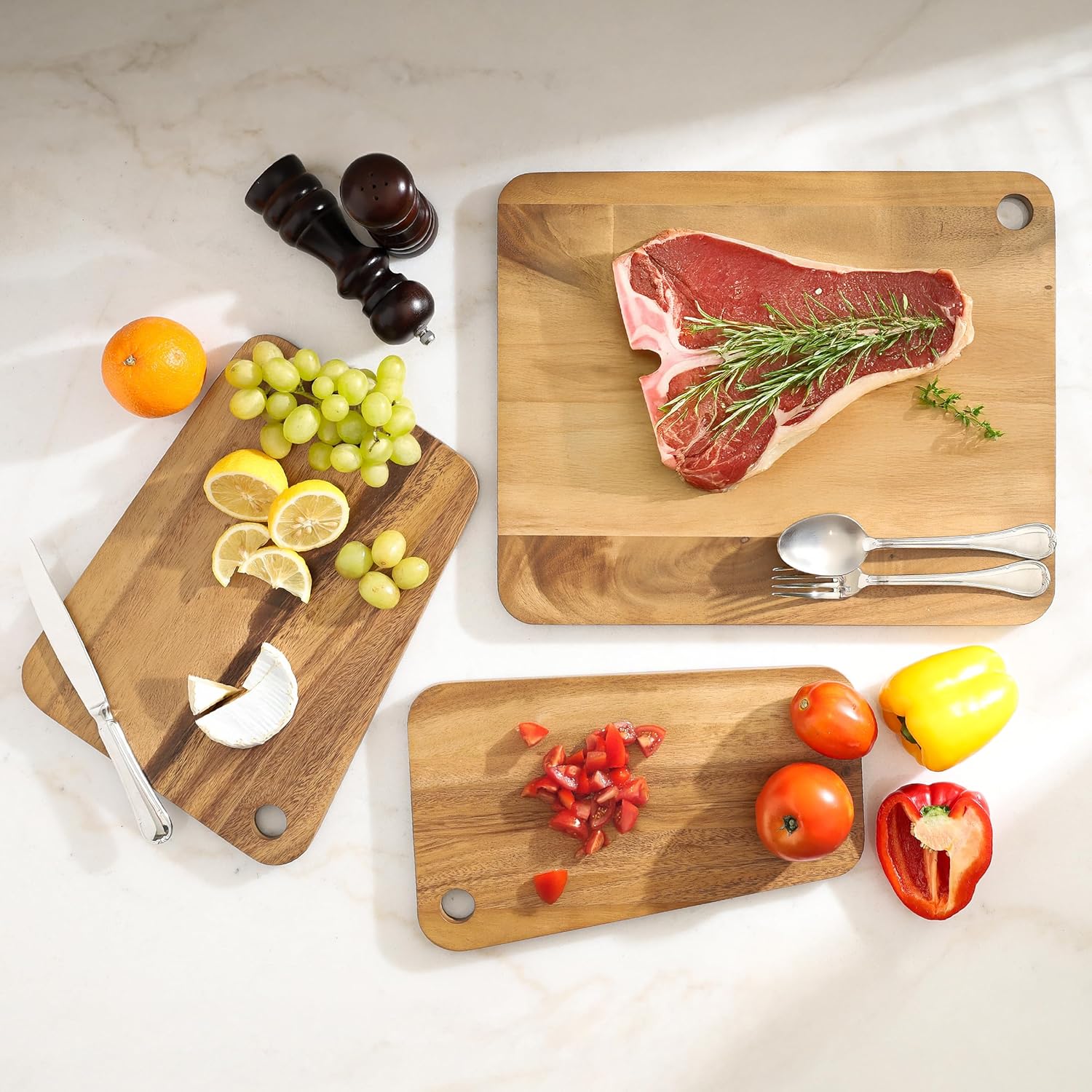 Sango Acacia Cutting Board Set - 3-Piece Slant Edge & Hanging Holes | Stackable, Reversible, Non-Toxic
