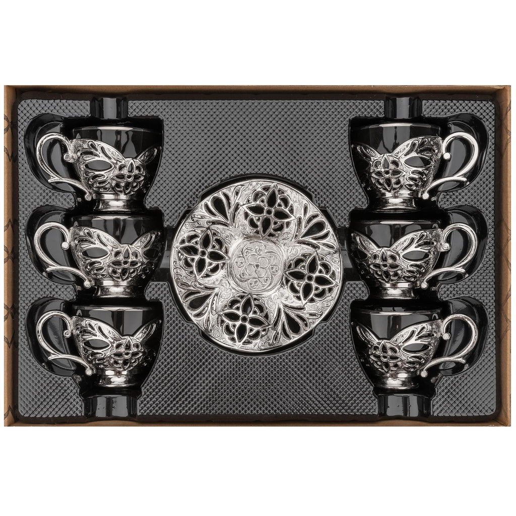 Alisveristime Turkish Coffee Set for Six, 6 Black Porcelain Cups with Gilded Rims, Zamac Holders and Saucers, Two Color Variations: Gold and Silver (Gilded-Design) (Silver)