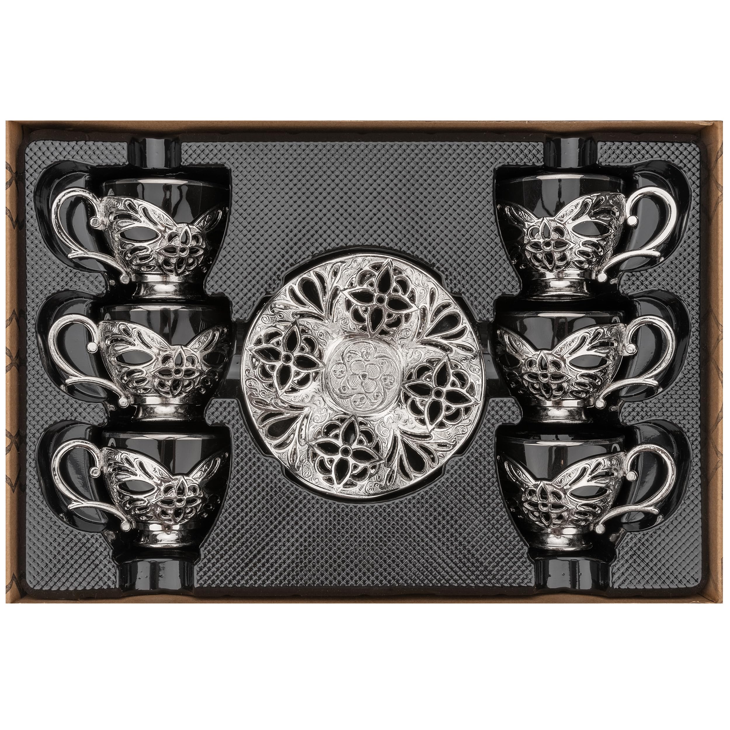 Alisveristime Turkish Coffee Set for Six, 6 Black Porcelain Cups with Gilded Rims, Zamac Holders and Saucers, Two Color Variations: Gold and Silver (Gilded-Design) (Silver)