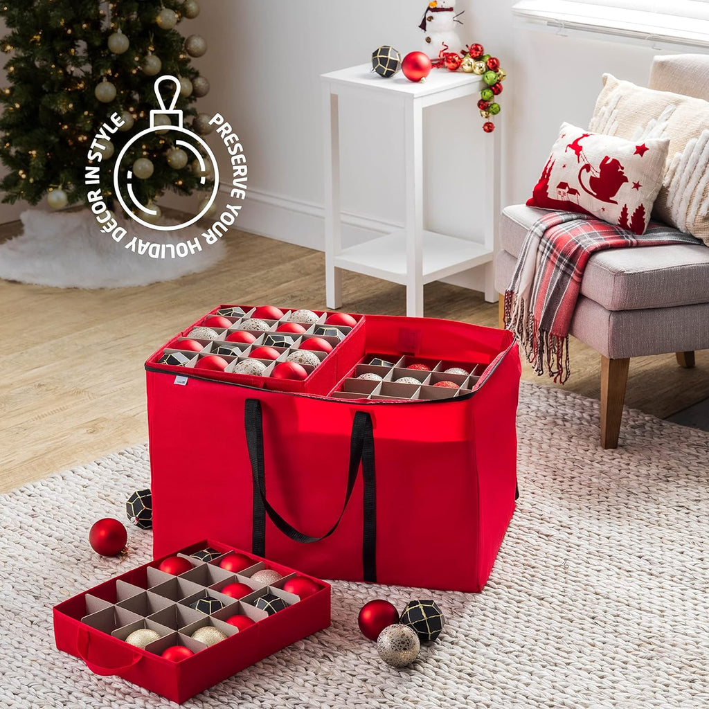 ZOBER Christmas Ornament Storage Box - Organize 200 3-Inch Ornaments with Individual Trays - Durable Red 600D Oxford Fabric