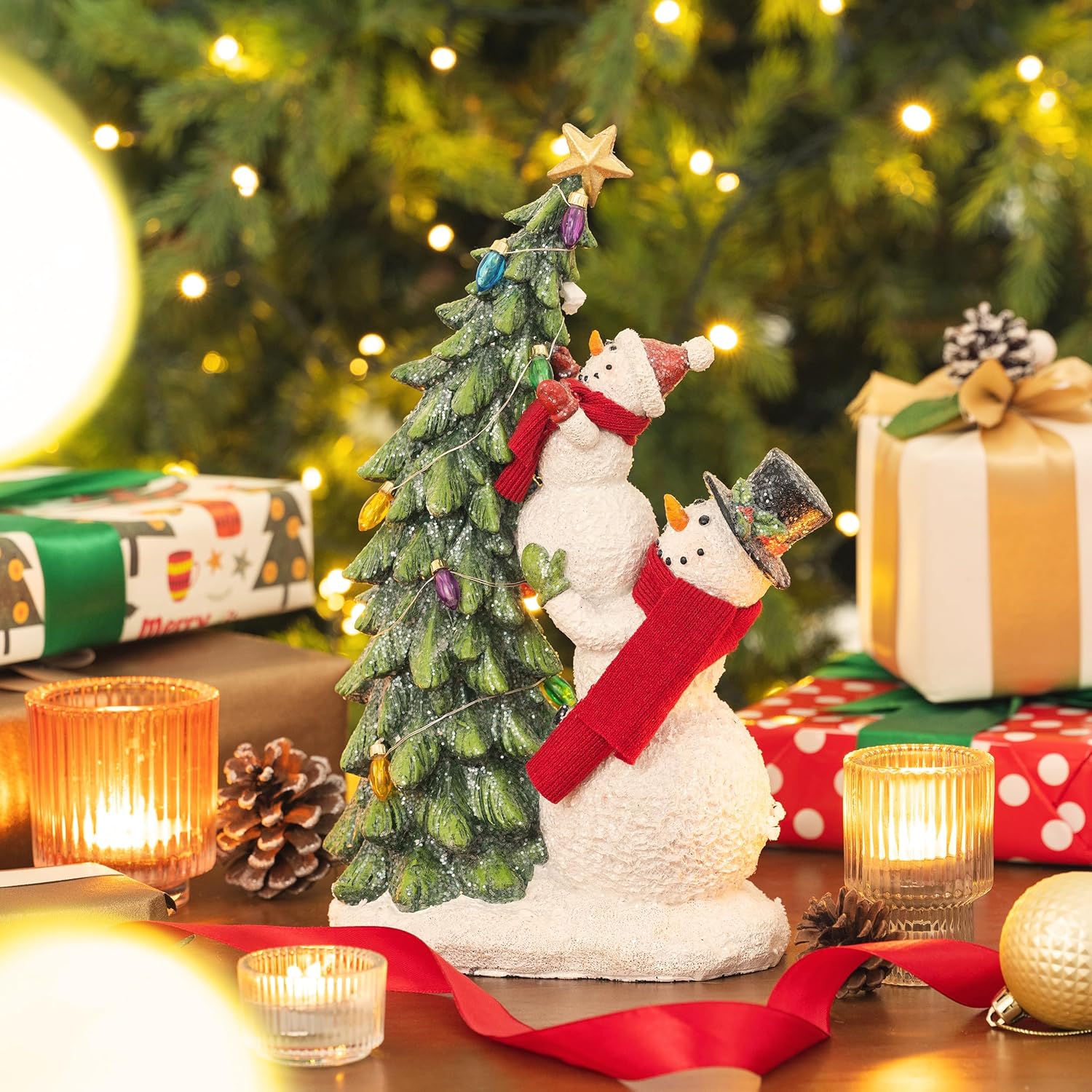 Valery Madelyn Christmas Snowman Figurines - Adorable Red & White Resin Family Decor | 12.5 Inch Indoor/Outdoor Holiday Lights