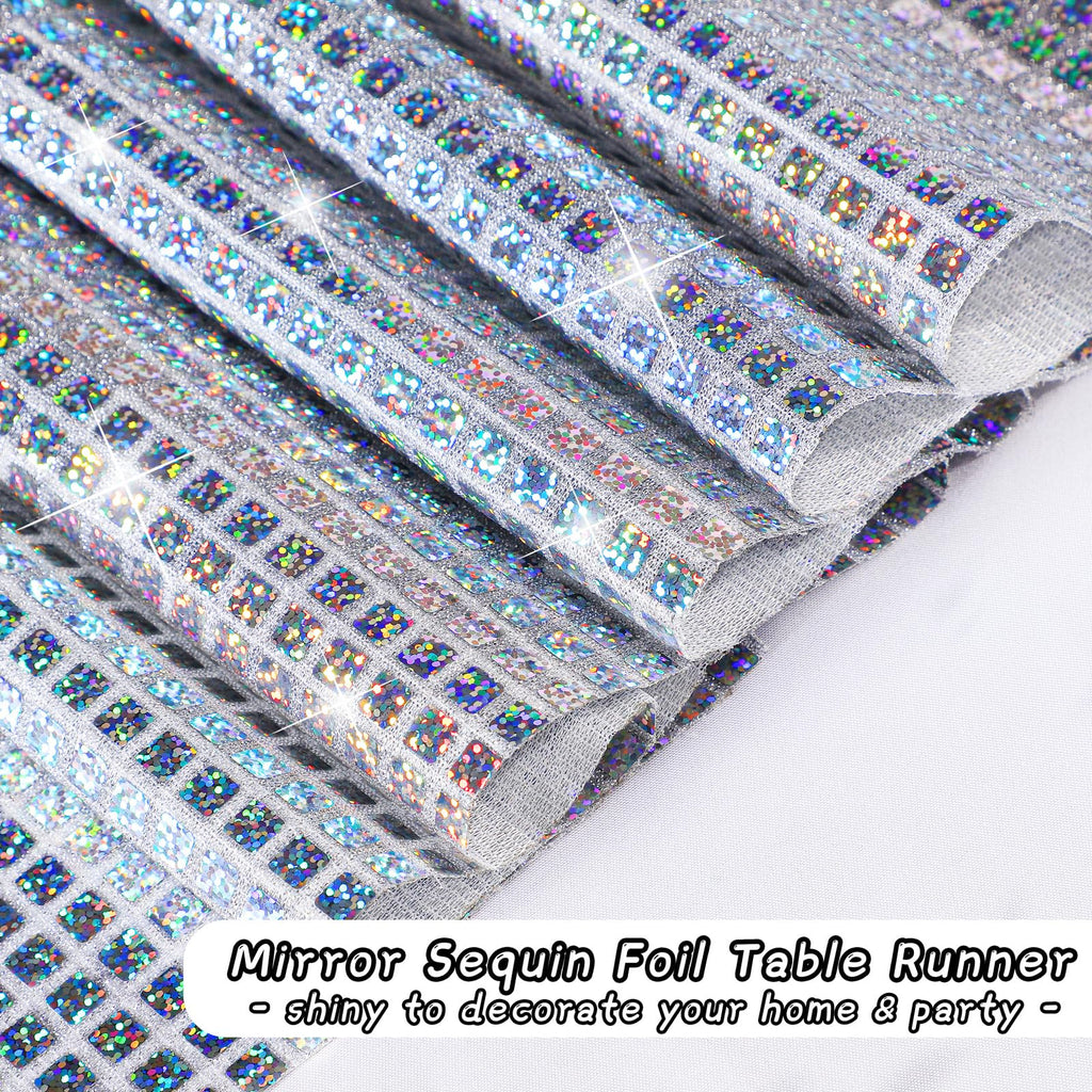 Durony 2 Pack Disco Table Runner 11 x 108 Inch Mirror Silver Laser Glitter Foil Cover With Sparkle Sequin for Bachelorette, 70s, Cowgirl Party Decorations