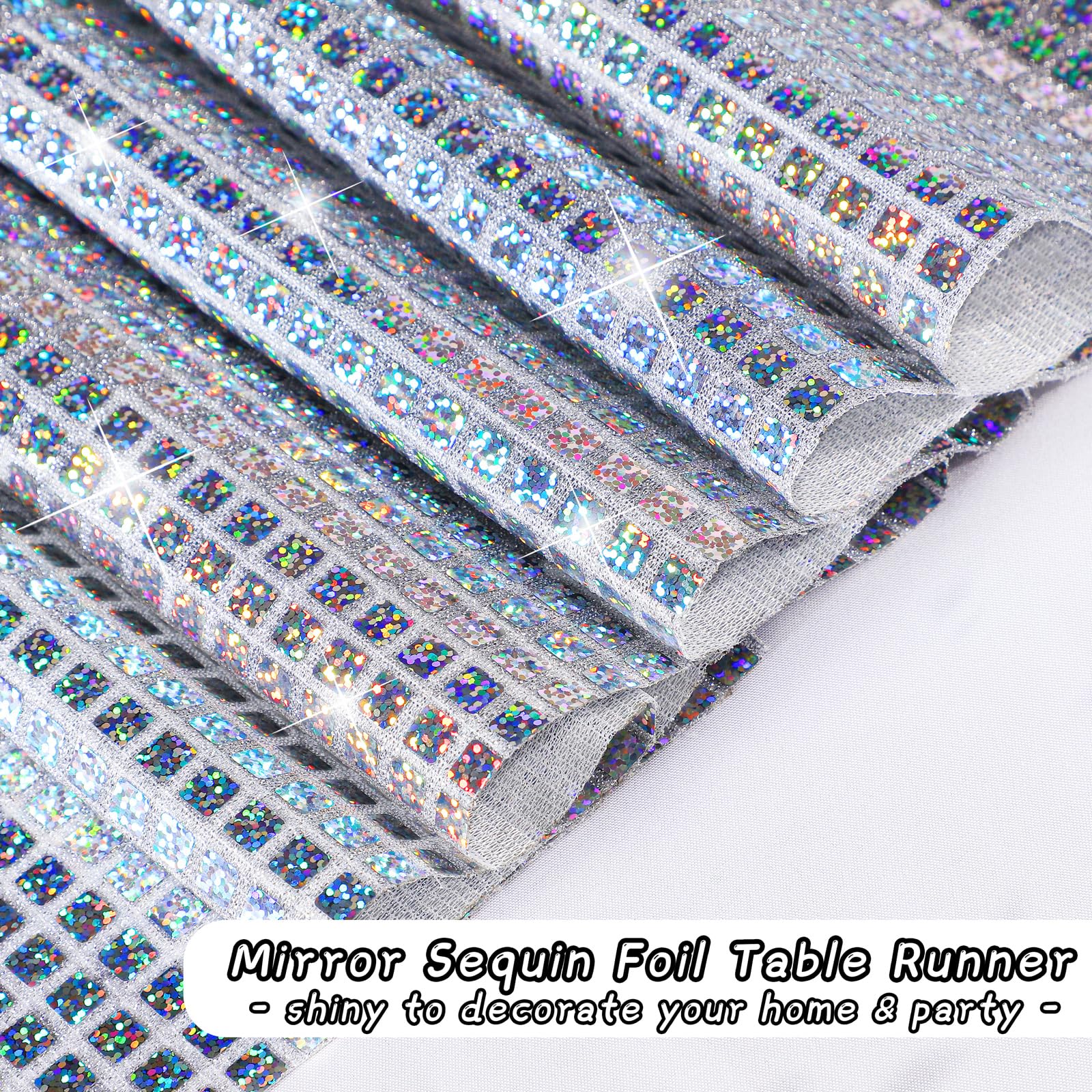 Durony 2 Pack Disco Table Runner 11 x 108 Inch Mirror Silver Laser Glitter Foil Cover With Sparkle Sequin for Bachelorette, 70s, Cowgirl Party Decorations