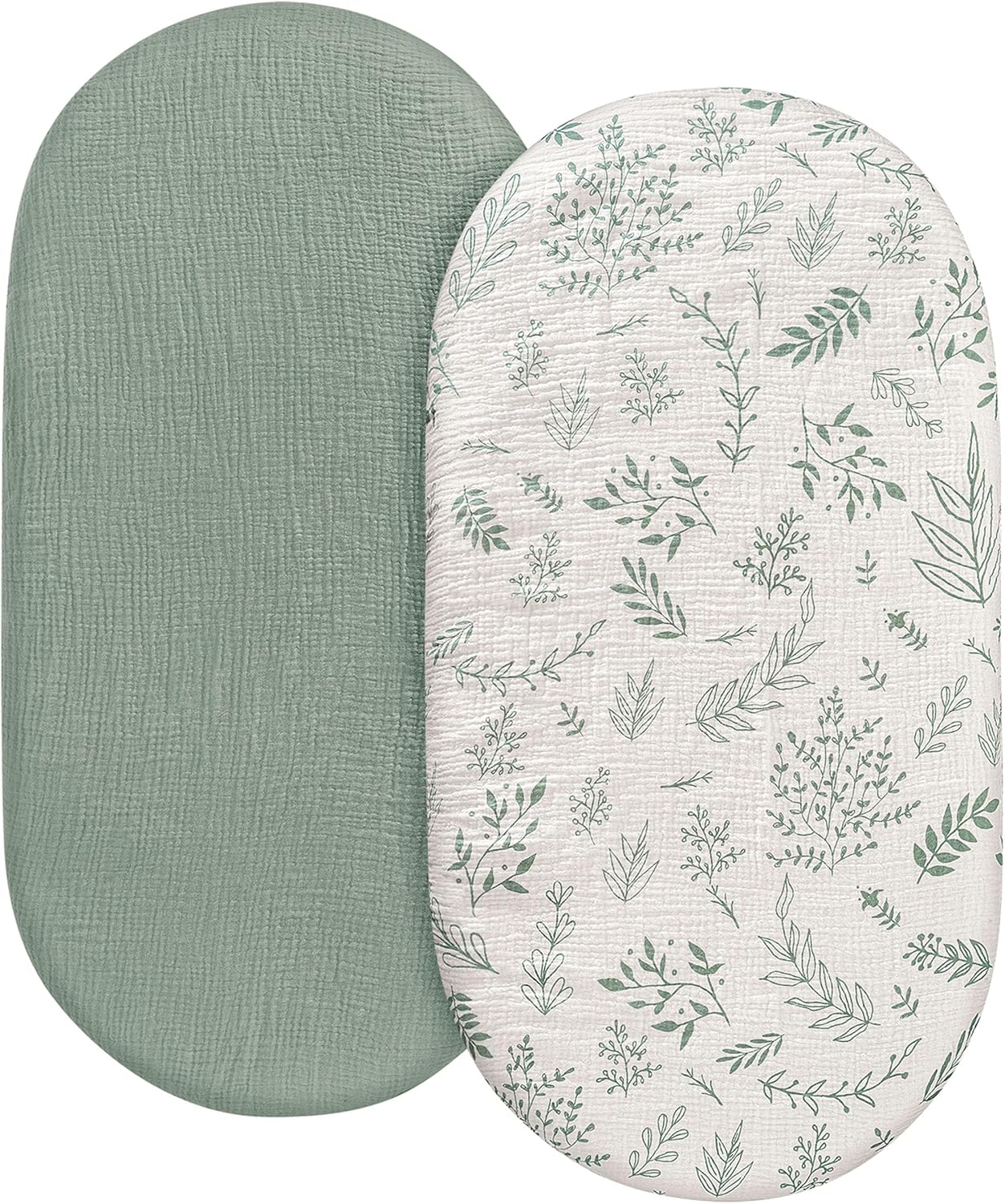 Skiennix Muslin Bassinet Fitted Sheets - Soft Cotton Baby Mattress Sheet Set, 360° Snug Fit, Universal Design (Bright Leaves)