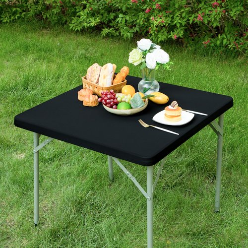 mylacerhome 2 Pack Square Fitted Tablecloth 34X34 Inch Stretch Spandex Card Table Cover Black Washable Cloth Elastic Table Topper for Indoor and Outdoor