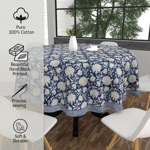 FYNITE Classic Indigo Vine Tablecloth | 90" Inches Round | 100%Cotton | Hand Block Print | Washable | Farmhouse & Fall Decor | Table Cover for Halloween | Thanksgiving | Christmas | Wedding | Parties