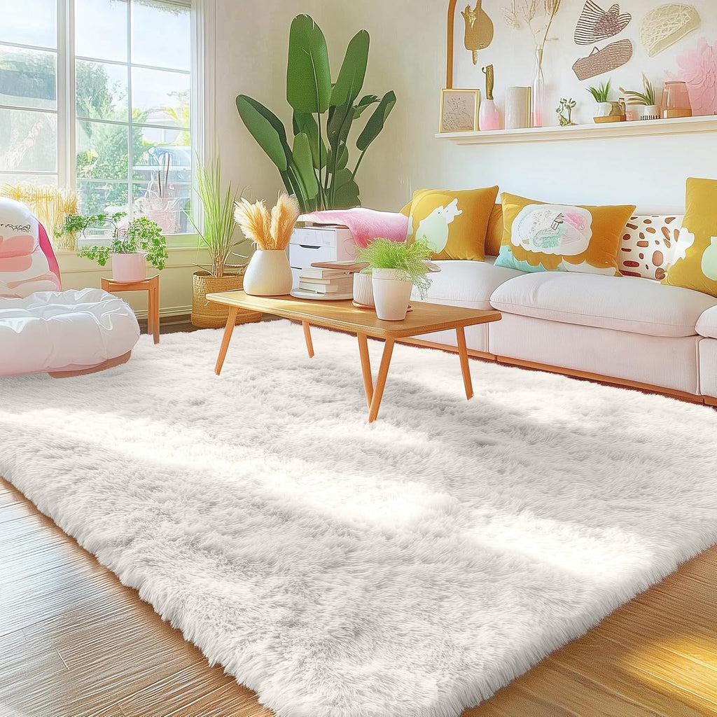 OLANLY Area Rugs - Soft Fluffy Shaggy Indoor Carpet for Living Room & Bedroom | Ivory, Machine Washable