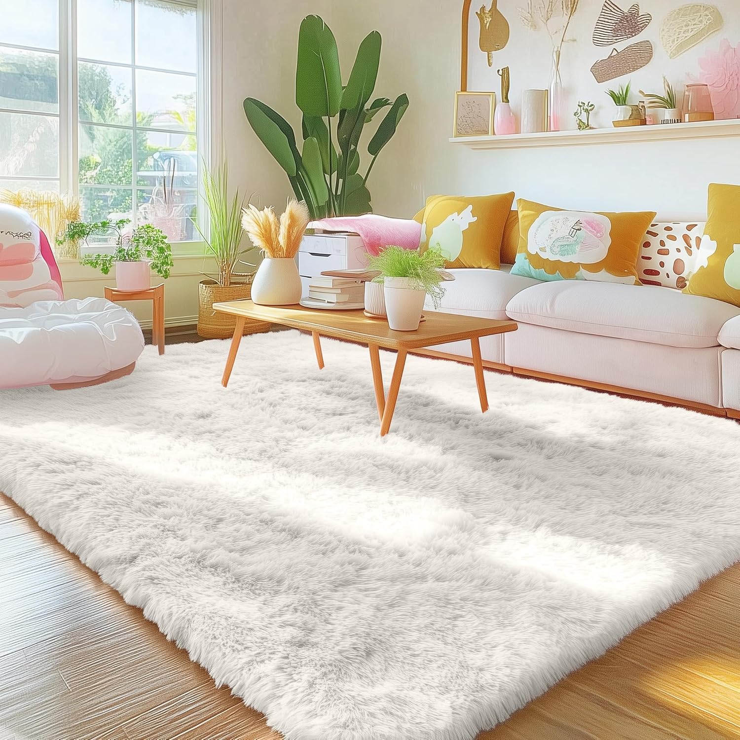 OLANLY Area Rugs - Soft Fluffy Shaggy Indoor Carpet for Living Room & Bedroom | Ivory, Machine Washable